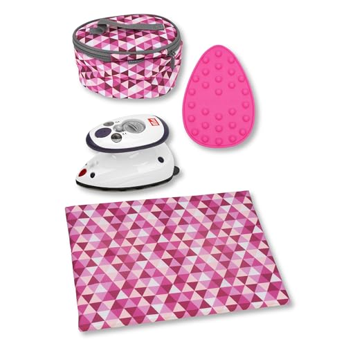 Semplix Bügelset 4-teilig mit Prym Mini-Dampfbügeleisen Diamond Design mit Bügelunterlage Silikonablage & Reisetasche für Nähen Quilten & Reisen (Pink)