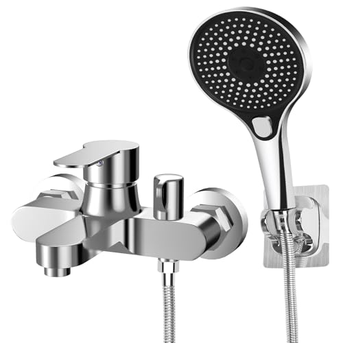 Miscelatore Doccia rubinetto Vasca da Bagno con Doccetta Tre Velocità in Ottone con 1.5 m Flessibile Doccia in Acciaio Inox e Supporto Doccetta kit Rubinetto Doccia da Muro Cromato(G 1/2')