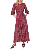 Women's Plaid Maxi Dress Button Up Tiered Ruffle Flowy Check Dresses Chirstmas Tartan Long Dress with Tie Belt