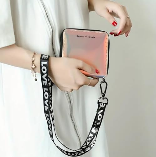 Women PU Faux Leather Fashion Holographic Shiny Laser Zip Around Wallets Coin Purse with Neck Lanyard (Blue)4