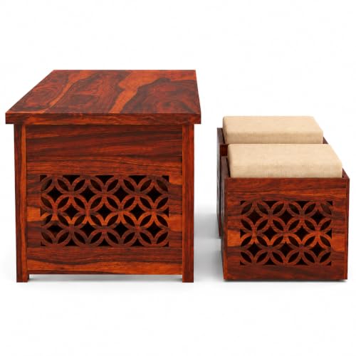 Image of Solid Sheesham Wooden Coffee Table with 2 Cushioned Stool|Teapoy Center Piece for Home Sofa Center Table for Living /Drawing Room,Hall|Space Saving Indoor Tea Table Set(Honey Finish) CNC
