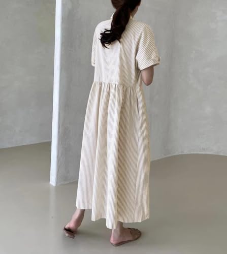 Image of chouyatou Women's Cotton Striped Shirt Dress Button Up Short Sleeve Midi Long Shift Dress with Pockets