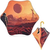 Mnsruu Astronaut Base Kid Umbrella UV Protection Windproof Stick Umbrella with Curved Handle for Girls Boys