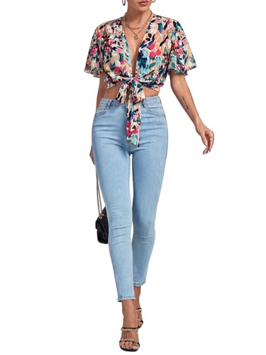 Image of LYANER Women's Sexy Deep V Neck Tie Front Wrap Cropped Blouse Bell Short Sleeve Ruffle Crop Tops