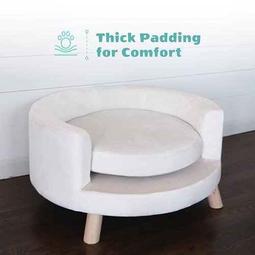 Critter Sitters 28-In. Faux-Velvet White Dog Couch for Small to Medium-Sized Dogs and Cats, Elegant Circular Dog Sofa, Modern and Stylish Elevated Dog Bed, Durable and Comfortable Pet Beds