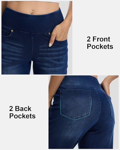 Amzdora Women’s High Waisted Wide Leg Jeans Pull On Stretch Denim Pants Tummy Control Flare Leggings Pants with Pockets, Navy, Size 16 — view 4