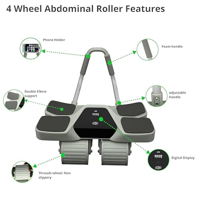 2025 New 4-Wheel Abdominal Roller with Elbow Support : Latest Upgraded High-Performance Exercise Machine With Automatic Rebound, Multi- layered Anti-Slip Design with Calorie Counting LCD Screen