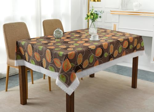 Image of Dakshya Industries 6 Seater PVC Waterproof Dining Table Cover 60x90 Inch | Floral Printed Washable Table Cloth with Lace Border