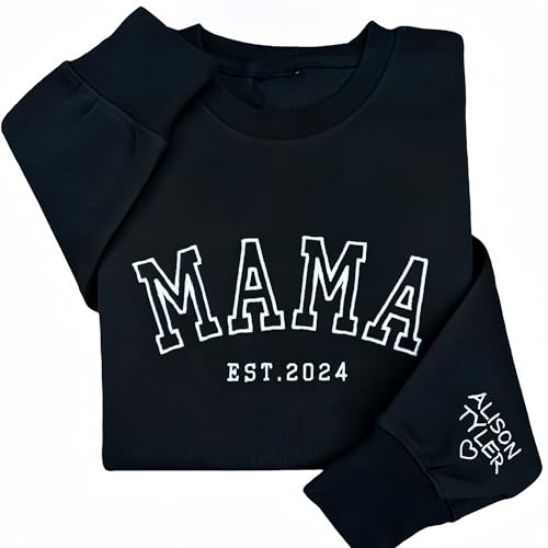 shinedian Camisola bordada personalizada para mãe com nomes de crianças, camisola bordada personalizada para mãe, para mãe mãe, presentes para nova mãe, 19 cores, XS/S, 19 cores