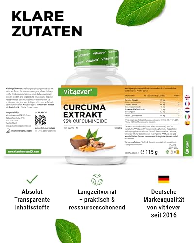 vit4ever Curcuma Extrakt hochdosiert - 180 Kapseln - 500 mg Curcumin pro Tagesportion - 95% Curcumingehalt – Hochwertiger Kurkuma Extrakt - Vegan, ohne unnötige Zusätze