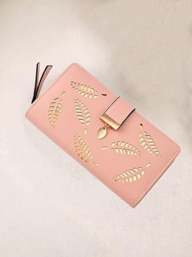 Women's Long Bifold Wallet- Leather Zipper Clutch Purse, RFID Blocking Slim Organizer for Credit Cards Pink