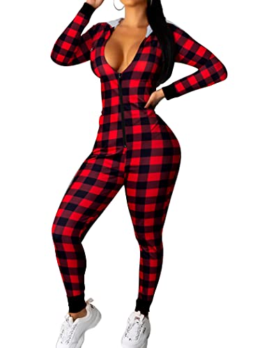 Ekouaer Christmas Onesie Women Sexy Pajamas Zipper Halloween Onepiece Bodycon Outfit Jumpsuit Costume Plaid Print XL
