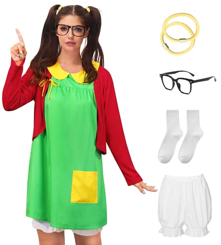 Clarisbelle Halloween Womens 6 Piece La Chilindina Costume Green Dress with Red Cardigan Sets Outfits M