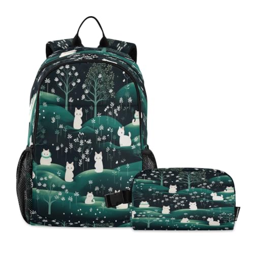 Sac à dos étudiant Art Vert de Chat Blanc avec sac à lunch pour enfants