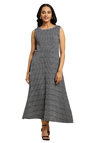 Robe pour femme à rayures bleues col brodé coupe mi-mollet en taille XS