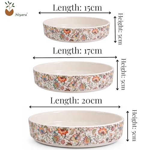 Image of Niyara Stoneware Handmade Ceramic Stylish Premium Serving Bowls /Salad Tray Microwave Dishwasher Safe (Heritage Floral Bowl Set of 3)
