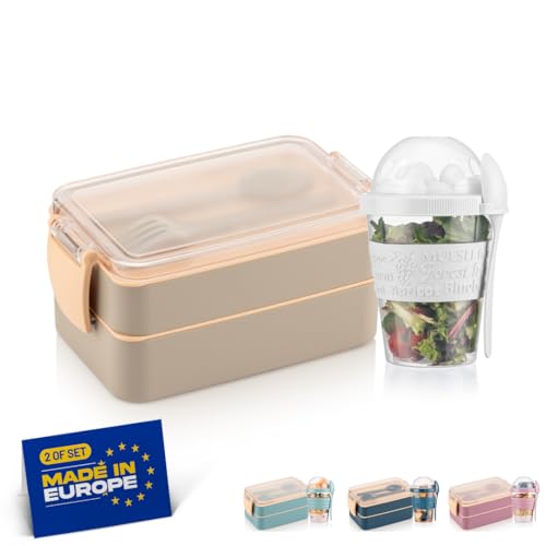 Winkly® Lunchbox, Brotdose kinder mit fächern (400+500) ml & 600ml Müslibecher - Bento Box To Go, 2-Fächer Bento & Besteck, Jausenbox für...