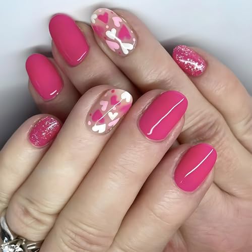 24 uñas postizas acrílicas cortas cuadradas a presión, brillantes, cobertura completa, uñas adhesivas con detalles de corazón para mujer