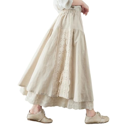 Giltpeak Women Renaissance Cotton Linen Layered Long Skirt, Hollow Embroidery Elastic High Waist Tiered Skirt