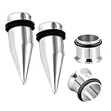 HEKEUOR 1/2' Stainless Steel Ear Gauge Taper Stretching and Single Flare Plugs Flesh Tunnel Kit with O-ring 2 Pairs (Silver)