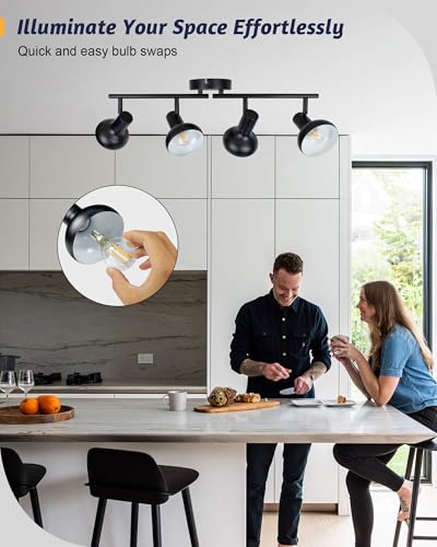 Image of HiBay 4-Light Track Lighting Fixtures Ceiling, Farmhouse Track Spot Light Black, Directional Spotlight Indoor for Kitchen Living Room Bedroom, E12 Base (Bulbs Not Included)