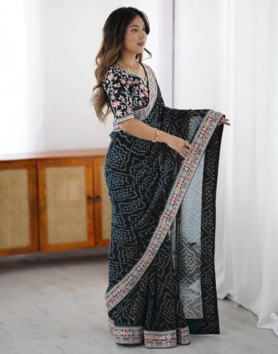 Image of SIRIL Women's Georgette Bandhani Printed Saree with Unstitched Blouse Piece