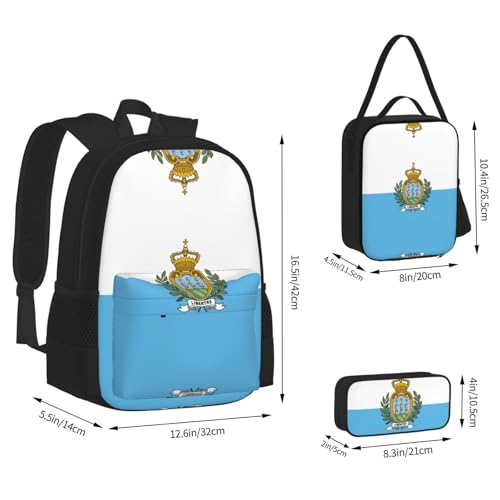 Flag Of San Marino Print 3 Piece Set Backpack, Lunch Bag, Pencil Case, Cute Sturdy For College And Travel4