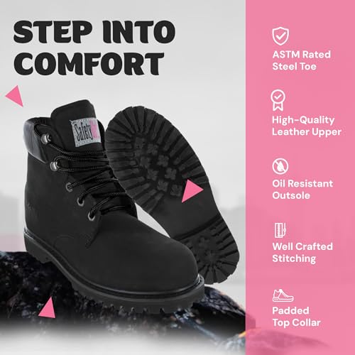 Image of Safety Girl Women's Work Boots | Water Resistant Leather Work Boots for Women | Oil & Slip-Resistant Black, Steel Toe Boots for Women | Premium Nubuck Lightweight and Comfortable | Black - 8M