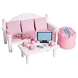 Playtime by Eimmie 18 Inch Doll Furniture Couch & Coffee Table Set – White, Wooden Playset with Living Room Accessories, Fits American, Generation, My Life & Similar 14”-18” Dolls