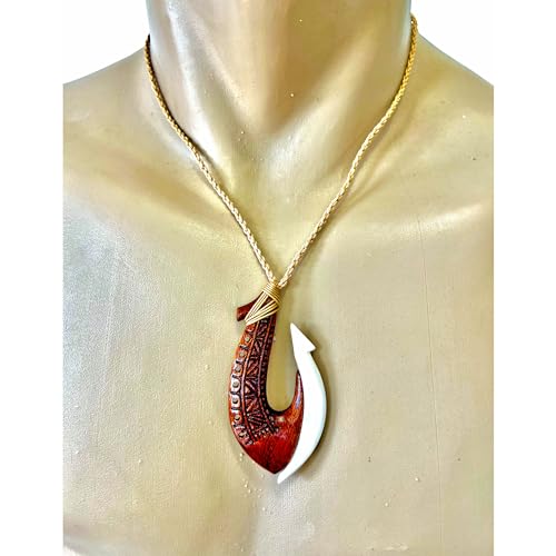 Hawaiian Jewelry Handmade Tattoo Koa Wood and Buffalo Bone Hawaii Fish Hook Pendant Necklace4