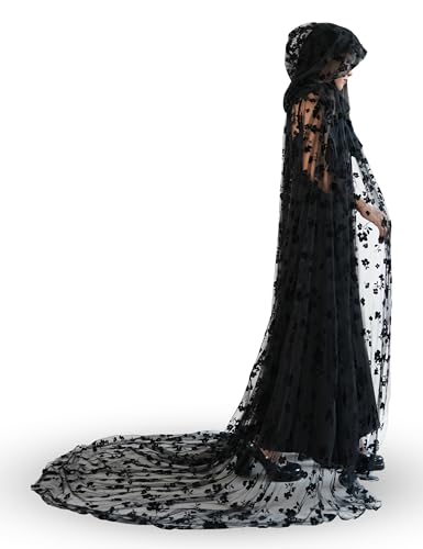 Black Lace Floral Tulle Cape with Hood, Long Halloween Witch Costume Cloak | Women Hooded Sheer Cape Plus Size, Witch Wizard Gothic Vampire Costume, Tulle Robe with Large Hood - image 1