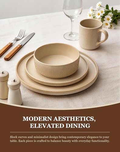 Image of OTAGO 16-Piece Dinnerware Set for 4 with Mugs, Ribbed Stoneware Plates and Bowls Sets, Unique Handcrafted Reactive Glaze, Chip and Scratch Resistant Dish Set, Microwave & Dishwasher Safe, Yellow