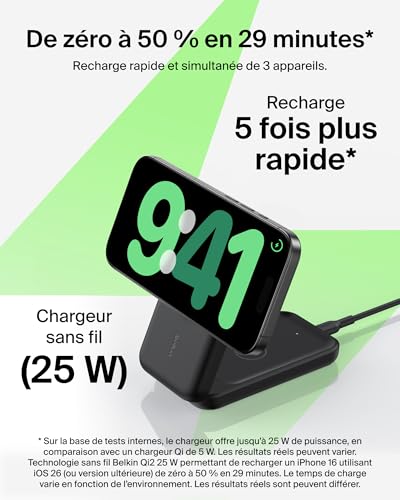 Belkin UltraCharge Chargeur Induction 3 en 1 Qi2, Station de Charge Magnétique 25W, Chargeur sans Fil avec MagSafe pour iPhone 17, iPhone Air, Apple Watch, AirPods, Pixelsnap avec Chargeur 45W, Noir