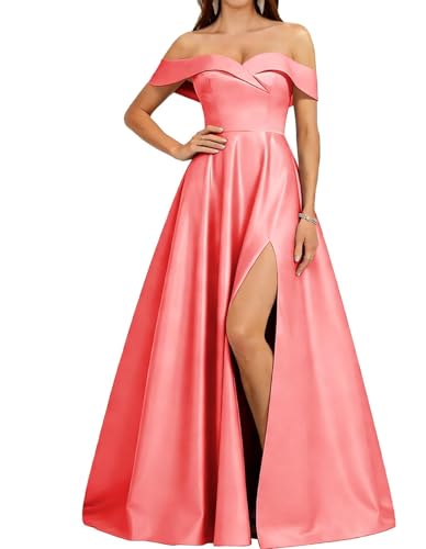 ORRCIGH Vestido de dama de honor con hombros descubiertos, vestido largo de satén para fiesta de noche, vestido largo formal con abertura WPX092, coral, 46