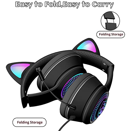 Vigros Cat Ear Gaming Headphones Wired Aux 3.5Mm With Led Light, Flashing Stereo Game Headphones Surround Sound Over-Ear Headsets With Microphone Fit Kids & Adult For Pc, Ps4, Switch, Mobile, Laptop #TOP4