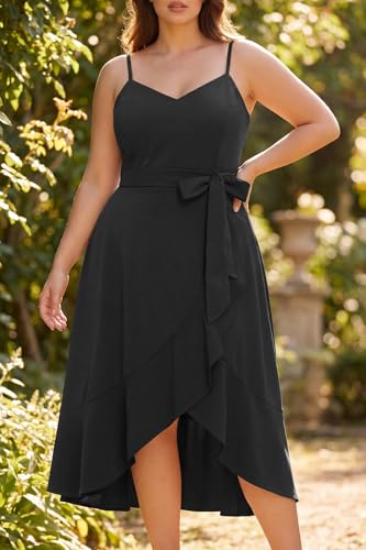 Image of Pinup Fashion Plus Size Cocktail Party Wedding Guest Semi Formal Midi Dress | Sexy V-neck, adjustable spaghetti strap, belted waist, fit and flare, flowy high-low ruffle hem, ideal for prom, homecoming