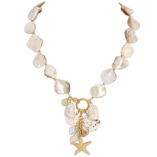 Firstmeet Natural Freshwater Shell Choker With Pearl Starfish Turquoise Pendant Irregular Mother of Pearl Necklaces for Women