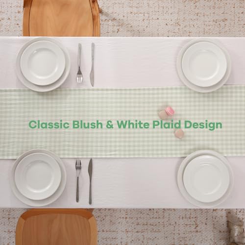Pile Green White Plaid Gingham Ruffle Table Runner 120 inches Long Christmas 100% Washed Cotton Decorative Farmhouse Cabinet Cover (Pile Green, 120"x13") by K MASANIJI - Used condition - Image 4
