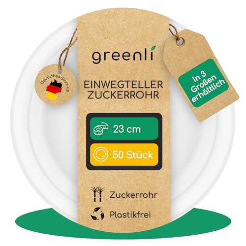 greenli Einwegteller aus Zuckerrohr 23 cm Ø 50 Stück Plastikfrei In 3 Größen erhältlich (18 23 26 cm) Die stabile Alternative zu Papptellern