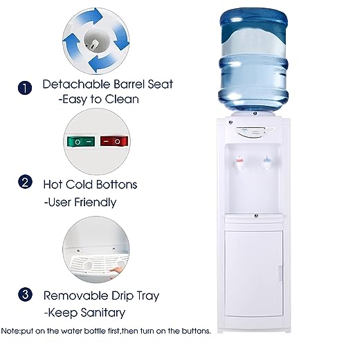 Hot & Cold Top Loading Water Dispenser,5 Gallons Water Coolers with Child Safety Lock Removable Drip Tray & Storage Cabinet,Water Cooler Dispenser for Home,Office(White)