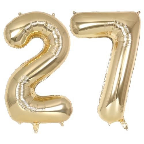 Image of Champagne Gold Large Number 27 Balloon, 40 Inch Light Gold Foil Helium Number Balloons, Giant Mylar Number 27 Balloons for 27 Years Old Birthday Party Anniversary Decorations (Champagne Gold 27)