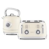 GEEPAS 1.8L Electric Kettle & 4 Slice Bread Toaster Kitchen Combo Set | 3000W Vintage Cordless Stainless Steel Kettle Auto Shut-Off, Temperature Gauge | Defrost/Reheat/Cancel 1500W | Cream Retrovive