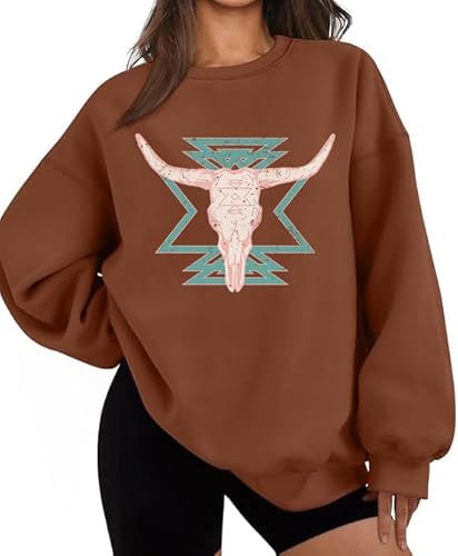 Eatbook Oversized Western Cow Skull Sweatshirt for Women Vintage Casual