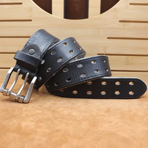 Men's Work Belt, Heavy Duty Full Grain Leather Vintage Distressed Double Prong Roller Buckle,2 Holes Waist Strap(130cm/51, Black)3