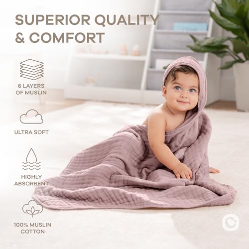 Image of Comfy Cubs Hooded Baby Towel 1-Pack, Large 32 x 32 Inch - 6 Layer 100% Muslin Cotton for Babies, Toddlers and Kids - Soft & Absorbent Baby Bath Towels - Unisex Design for Bath Time - Mauve
