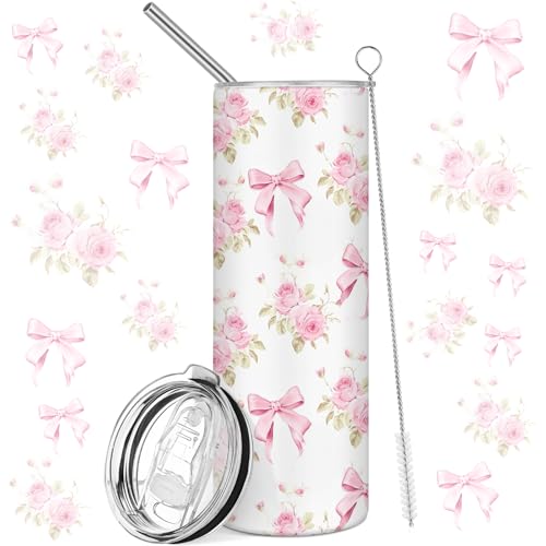 Geiserailie 20oz Pink Bow Tumbler, Vintage Floral Stainless Steel Straw