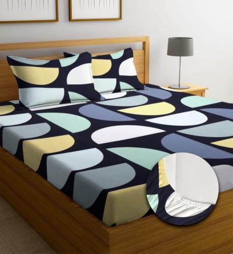 Image of NEW LEAF Premium Cotton Elastic Fitted Bedsheets with 2 King Size Pillow Covers | Double Bed with All Around Elastic 180 TC Supersoft | Size - 72 King Sizex78+10 inches | Midnight Pastel Abstract