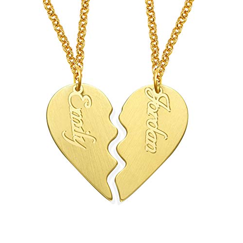 Name Necklace Personalized,Custom Name Necklace with 2 Pices Broken Heart Pendant Gold Necklaces for Mom Women Men