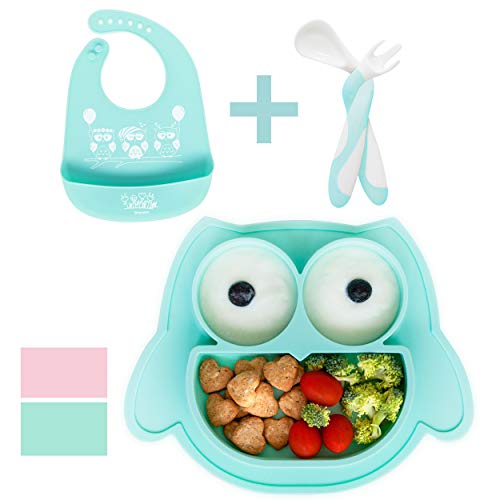 Brunoko Vajilla infantil Set de Plato bebe ventosa + cuchara silicona bebé + Babero Silicona 3 en 1- Vajilla Bebé Antideslizante - Utensilios Infantiles Aprendizaje BLW - Diseñado en España (Azul)