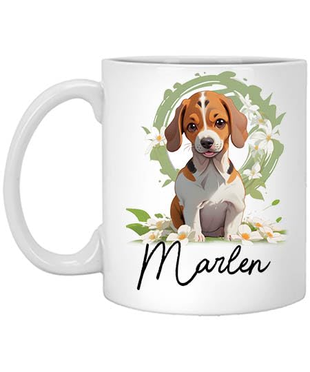 Personalized Flower Dog Mug, Beagle Dog Name Mug, Dog Mom, Dog Dad, Gift for Mom, Beagle Name Marlen 11oz White Mug 11oz White Mug Flower Mug, Pet